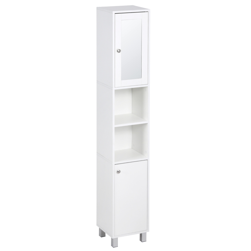 kleankin Tall Bathroom Storage Cabinet with Mirror, Wooden Freestanding Tower Cabinet with Adjustable Shelves for Bathroom or Living Room, White