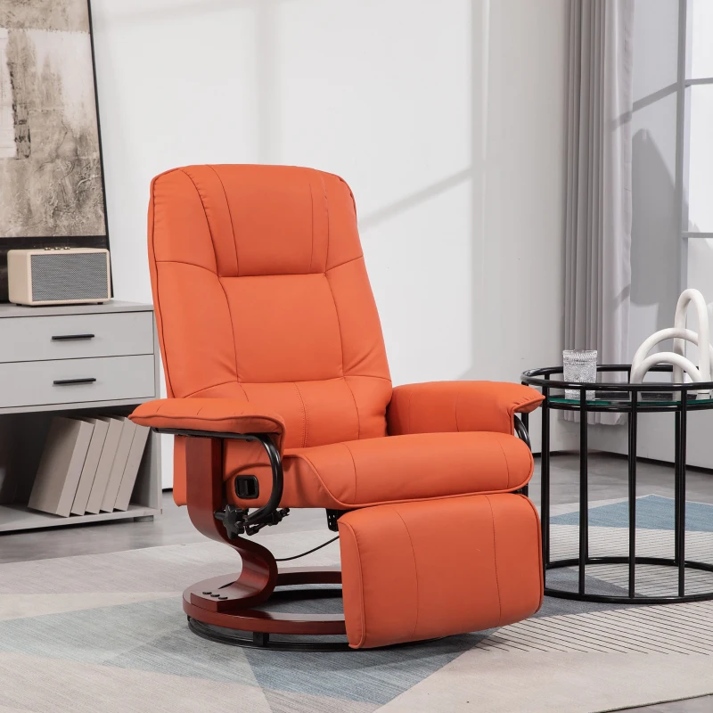 HOMCOM Faux Leather Recliner Chair, Swivel Recliner with Footrest, Armrest and Wood Base for Living Room, Orange