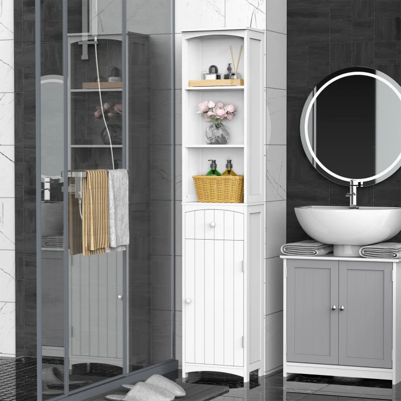 HOMCOM Bathroom Storage Cabinet, Free Standing Bathroom Storage Unit, Tall Linen Tower with 3-Tier Shelves and Drawer, White