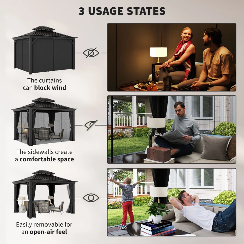 Outsunny 10' x 12' Outdoor Hardtop Gazebo with Galvanized Steel Canopy & Netting Sidewalls for Lawn, Backyard, Dark Grey