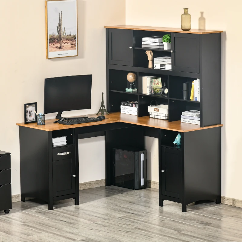 HOMCOM L Shaped Computer Desk with Hutch, 59" Corner Desk, Space Saving Home Office Desk with Storage Shelves, Drawer and Cabinet, Black