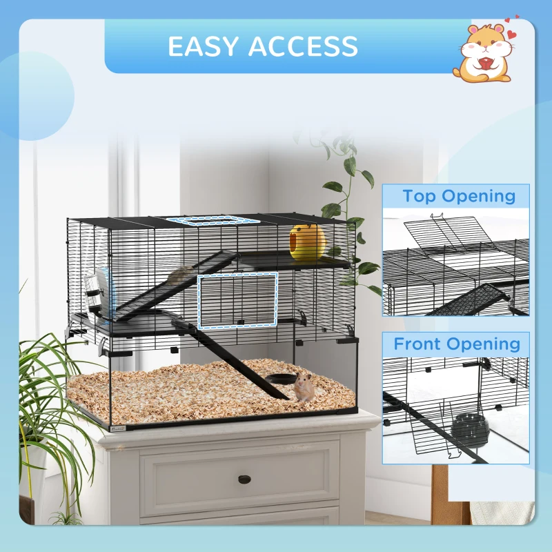 PawHut 31" Hamster Cage, Gerbil Cage with Glass Basin for Small Hamsters, Black
