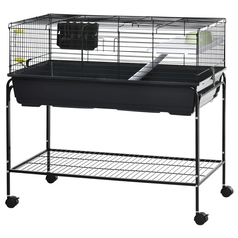 PawHut Two-Story Small Animal Cage Removable from Stand, Guinea Pig Cage with Shelf & Wheels, Pet Habitat for Hedgehog, Chinchilla, Ferret, 39" x 20.5" x 36.5", Black