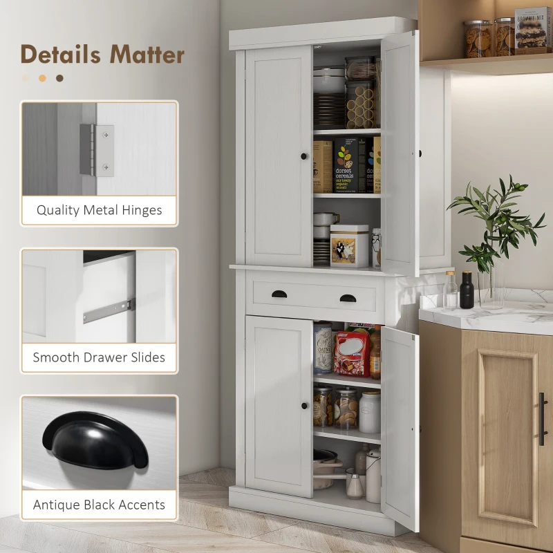HOMCOM 72.5" Kitchen Cabinet, Pantry Storage Cabinet with Doors and Shelves, Freestanding Food Pantry Cabinet, White Wood Grain