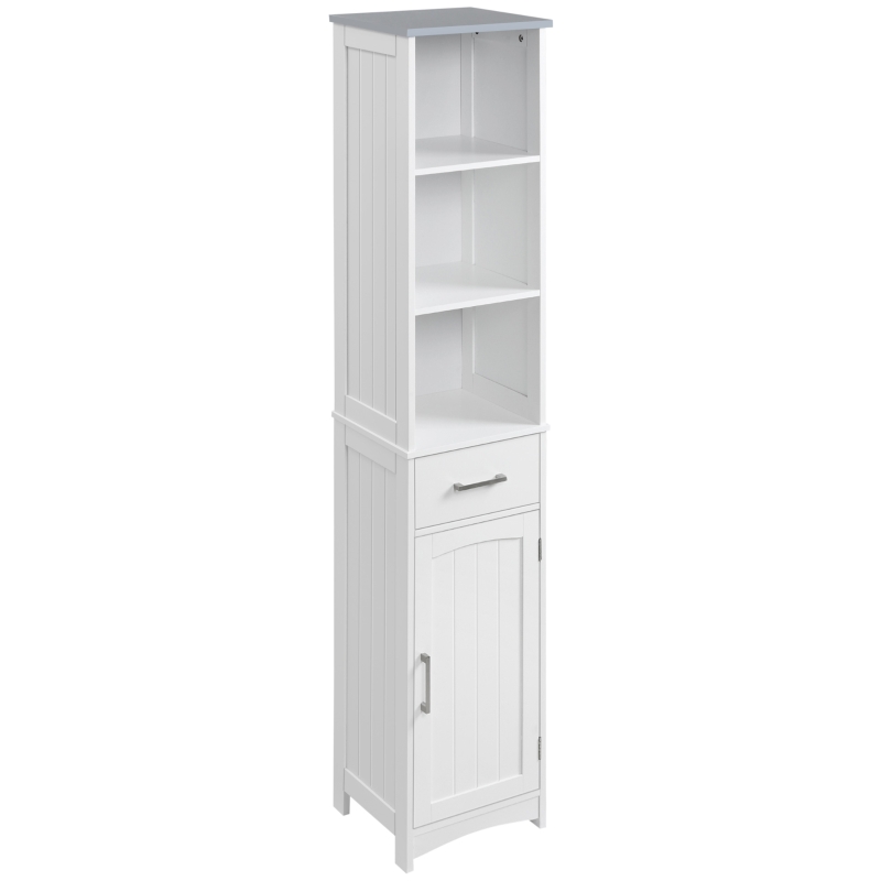 kleankin Tall Bathroom Storage Cabinet, Narrow Bathroom Cabinet with 3 Tier Shelving, Drawer and Adjustable Shelves, Slim Freestanding Linen Tower, White