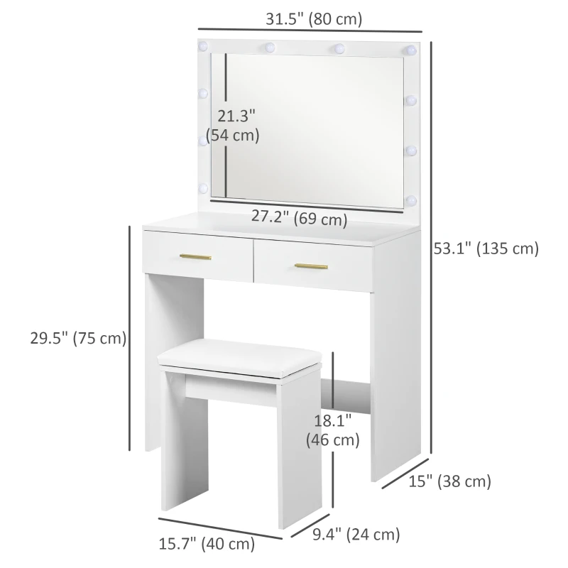 HOMCOM Makeup Vanity Table Set with Stool, Dressing Table with LED Lighting Mirror, Drawers, for Bedroom, White