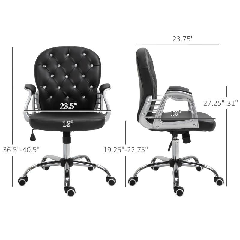 Vinsetto PU Leather Home Office Chair, Button Tufted Desk Chair with Padded Armrests, Adjustable Height and Swivel Wheels, Black