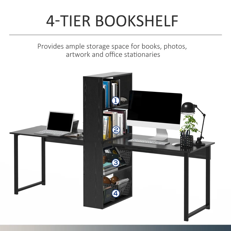 HOMCOM 88" Extra Long 2-Person Computer Desk with Storage Shelves Combo, Double Workstation Storage Study Writing Table for Home Office, Bookshelf, Black