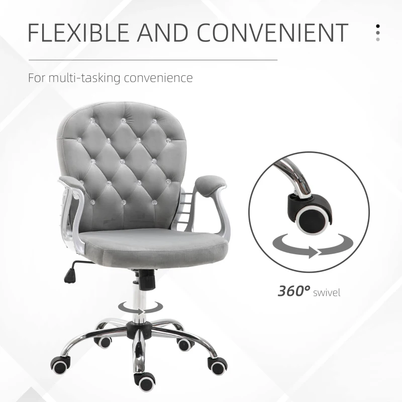 Vinsetto Velvet Home Office Chair, Button Tufted Desk Chair with Padded Armrests, Adjustable Height and Swivel Wheels, Gray