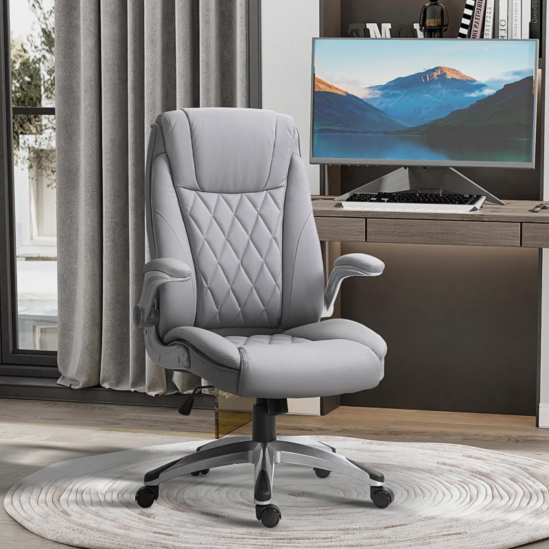 Vinsetto High Back 360° Swivel Ergonomic Home Office Chair with Flip Up Arms, Faux Leather Computer Desk Rocking Chair, Gray