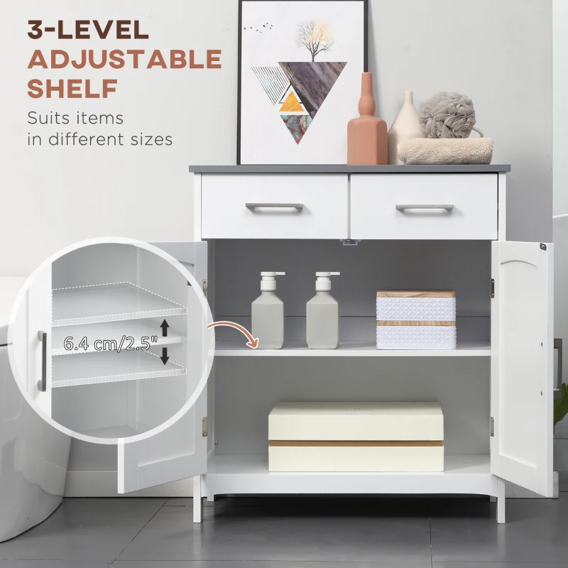 kleankin Bathroom Floor Cabinet, Freestanding Linen Cabinet, Storage Cabinet with 2 Drawers, Double Doors, Adjustable Shelf, White