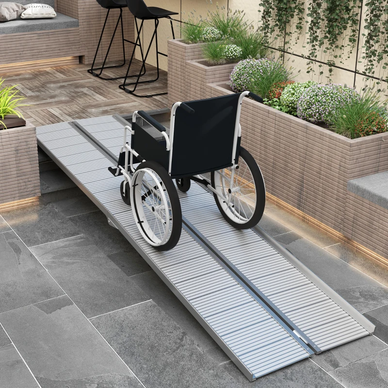 HOMCOM 10' Foldable Handicap Ramp for Home, Steps, Doorways, Aluminum Portable Wheelchair Ramp, Textured Threshold Ramp, Silver(m-2)