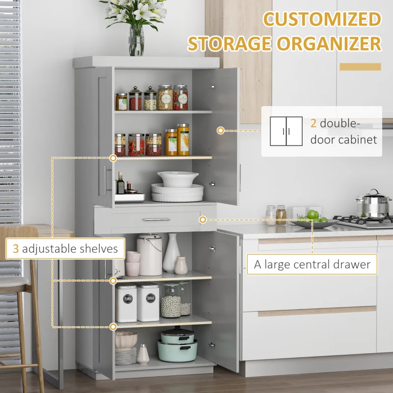 HOMCOM Modern Kitchen Pantry Freestanding Cabinet Cupboard with Doors and Drawer, Adjustable Shelving, Gray