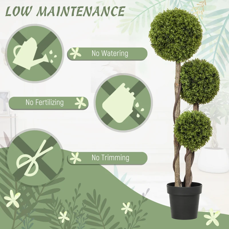 HOMCOM 4FT Potted Fake Plant, Artificial Boxwood Topiary Tree, Triple Ball Tree for Indoor and Outdoor, Green