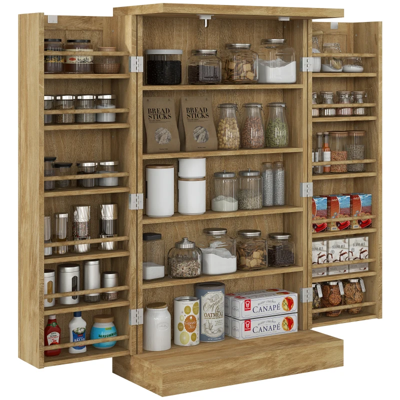 HOMCOM 41" Rattan Kitchen Storage Cabinet, Food Pantry Cabinet with 5-Tier Shelf, 12 Spice Racks, Adjustable Shelves, Natural