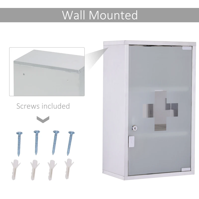 HOMCOM 12" x 20" Lockable Medicine Cabinet, 3 Tier Stainless Steel Medical Wall Box with 2 Keys and Shelves for Bathroom