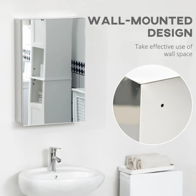 kleankin Wall Mounted Bathroom Medicine Cabinet Mirrored Cabinet with Hinged Door 3-Tier Storage Shelves Silver