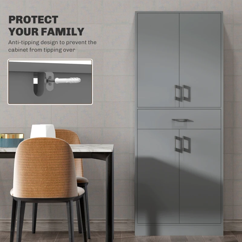 HOMCOM 71" Kitchen Cabinet with Drawer and Adjustable Shelf, Freestanding Tall Kitchen Pantry, Gray
