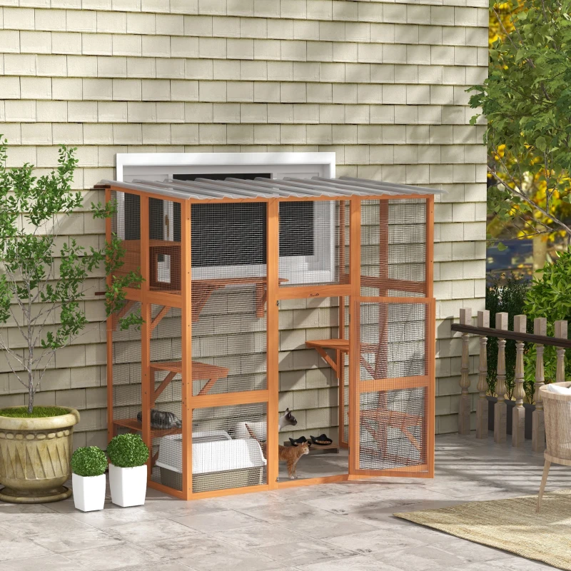 PawHut Catio Cat Window Box Outside Enclosure with Bridge Platforms