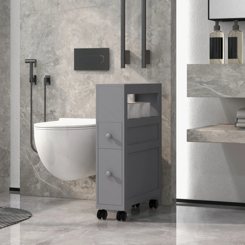 kleankin Space Saving Narrow Bathroom Storage Cabinet, Bath Toilet Paper Holder with Drawers and Rolling Wheels, Gray