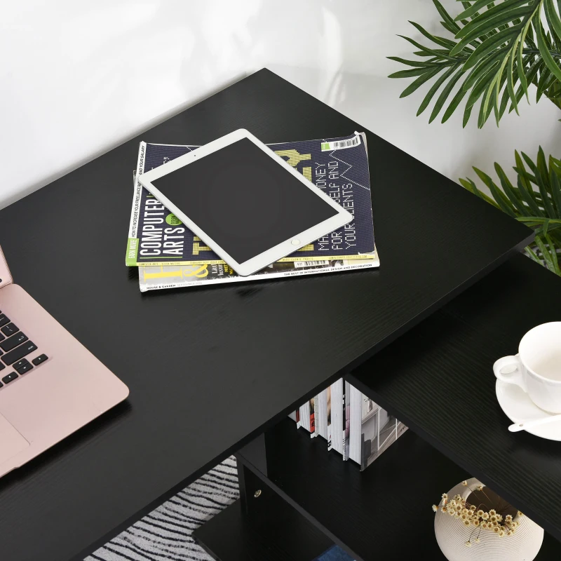 HOMCOM L Shaped Desk, Corner Computer Desk, 360 Degree Rotating Home Office Desk with Storage Shelves, Writing Table Workstation, Black
