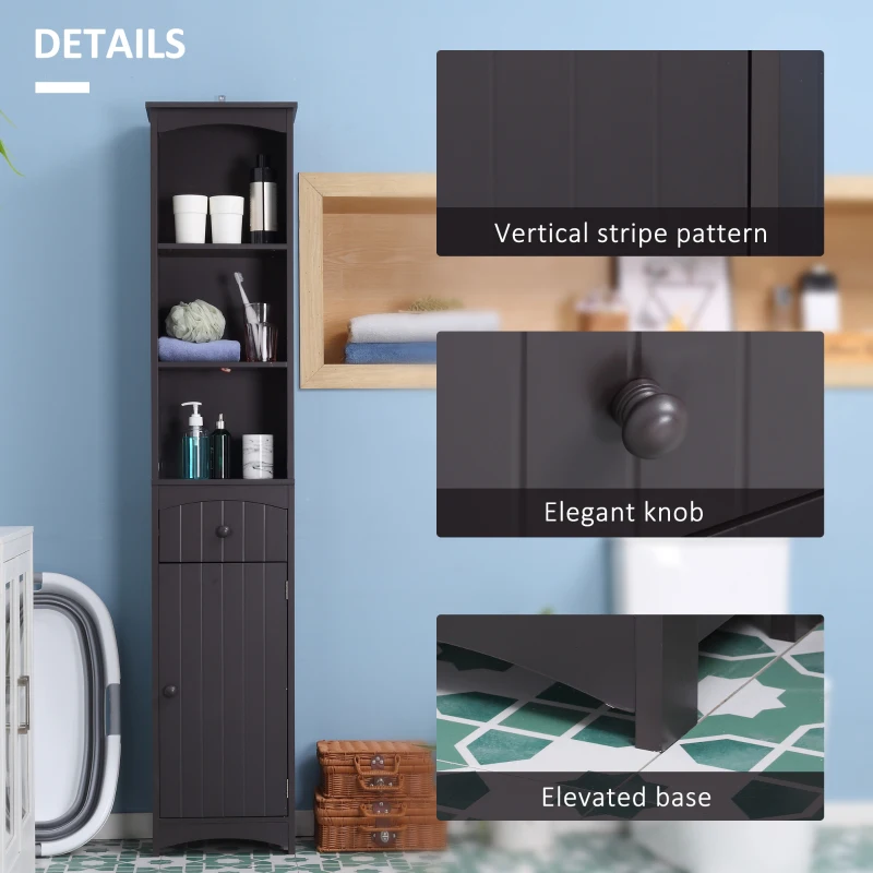 HOMCOM Bathroom Storage Cabinet, Free Standing Bathroom Storage Unit, Tall Linen Tower with 3-Tier Shelves and Drawer, Brown