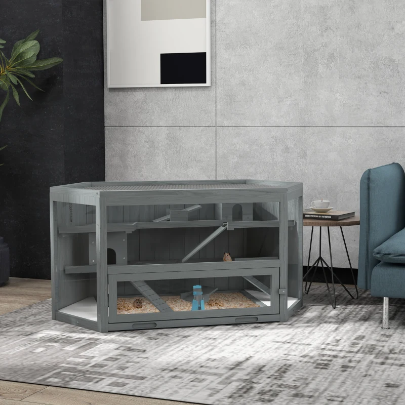 PawHut Wooden Hamster Cage Small Animal Exercise Play House 3 Tier with Tray, Seesaws, Water Bottle, Activity Center, Gray