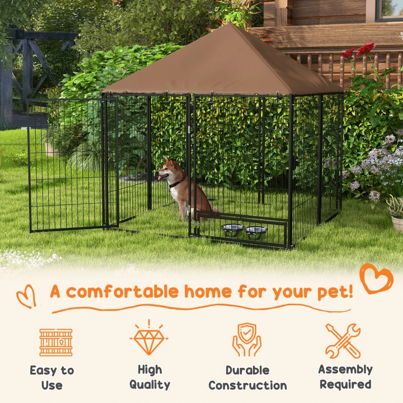 PawHut Outside Dog Kennel, 4.6' x 4.6' x 5' Puppy Play Pen with Canopy, Garden Playpen Fence Crate Enclosure Cage Rotating Bowl, for Dogs, Chickens, Ducks, Black