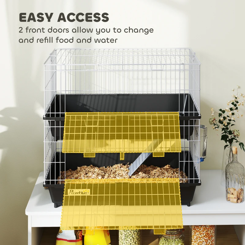 PawHut 2-Tier Small Animal Cage with 2 Doors, Trays, Dish, Bottle, and Ramp for Bunny, Ferret, Chinchilla, Black