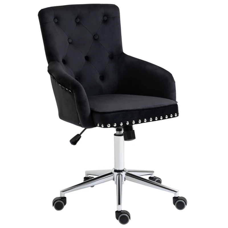 HOMCOM Modern Mid-back Desk Chair with Button Tufted Velvet Back, Nailhead Trim, Swivel Home Office Chair with Adjustable Height, Curved Padded Armrests, Black