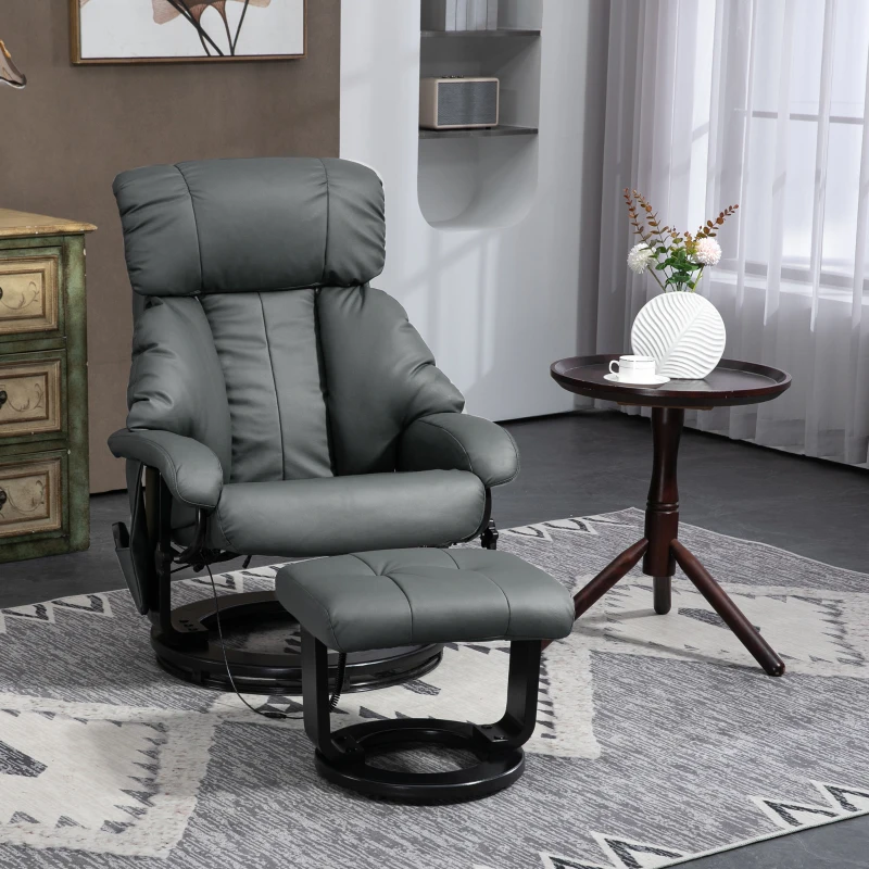 HOMCOM Swivel Recliner with Ottoman, Faux Leather Reclining Chair with Massage, Footstool Remote and Side Pocket, Gray