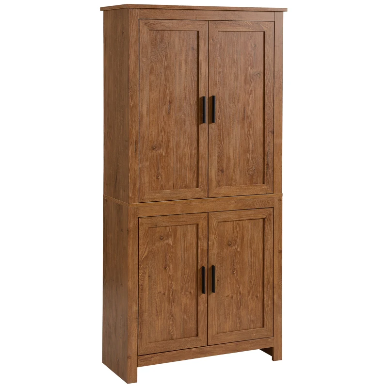 HOMCOM 64" 4-Door Kitchen Pantry, Freestanding Storage Cabinet with 3 Adjustable Shelves for Kitchen, Oak