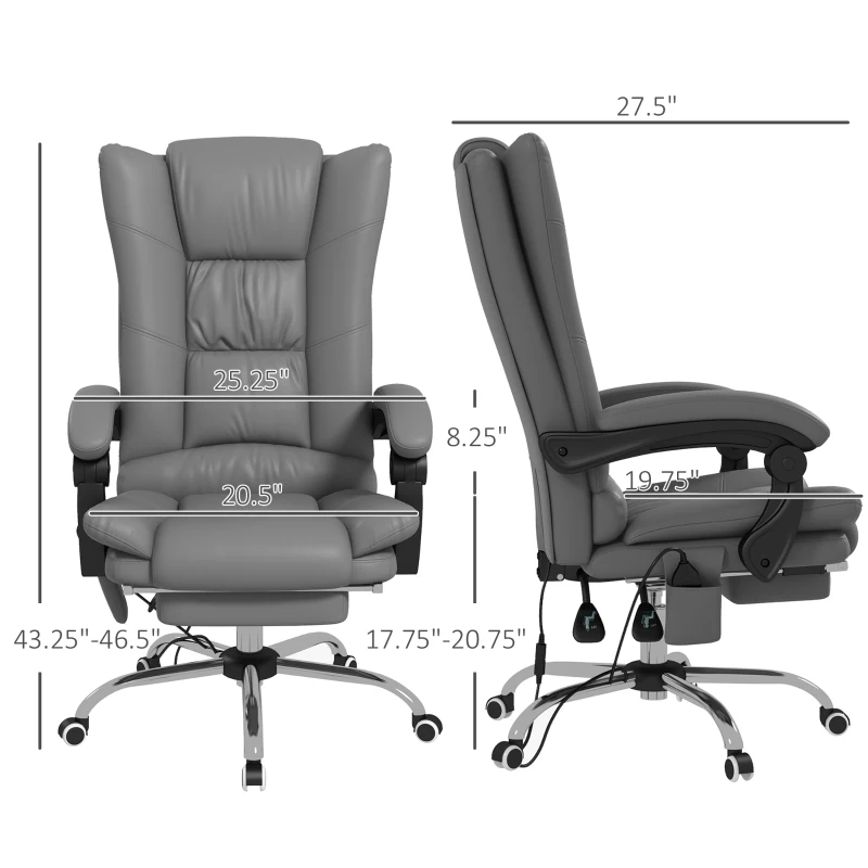 Vinsetto PU Leather Executive Massage Office Chair with 4 Vibration, Computer Desk Chair, Heated Reclining Chair with Adjustable Height, Swivel Wheels, Gray
