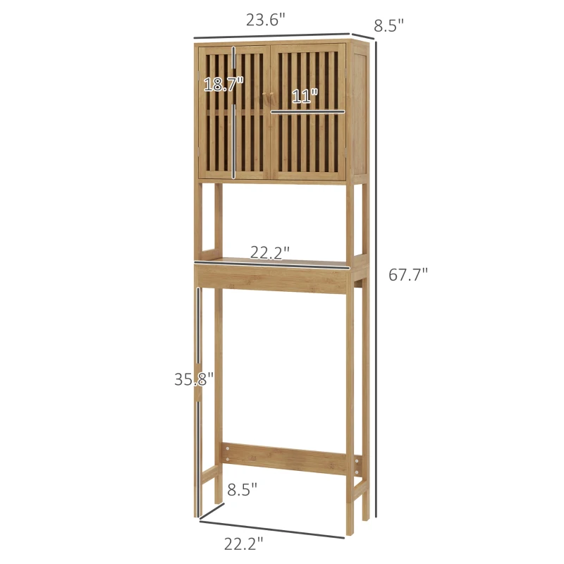 HOMCOM Over the Toilet Cabinet, Bamboo Bathroom Above Toilet Storage with Slatted Doors and Adjustable Shelf, Natural