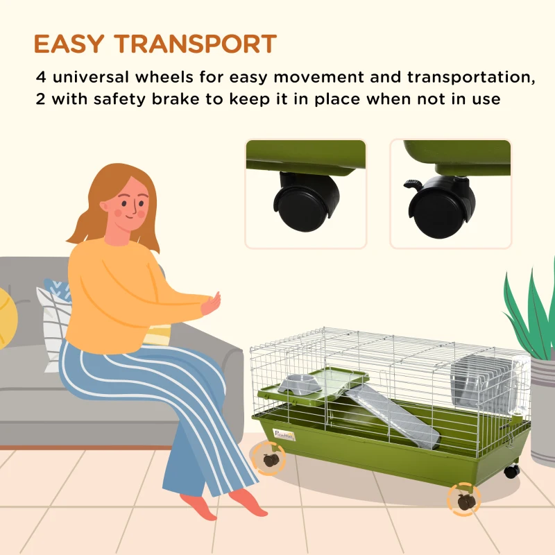 PawHut 35"L Small Animal Cage, Rolling Bunny Cage, Guinea Pig Cage with Food Dish, Water Bottle, Hay Feeder, Platform, Ramp for Chinchilla, Green