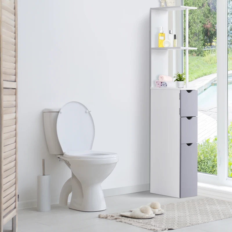 HOMCOM 54" Tall Bathroom Storage Cabinet, Freestanding Linen Tower with 2-Tier Shelf and Drawers, Narrow Side Floor Organizer, White