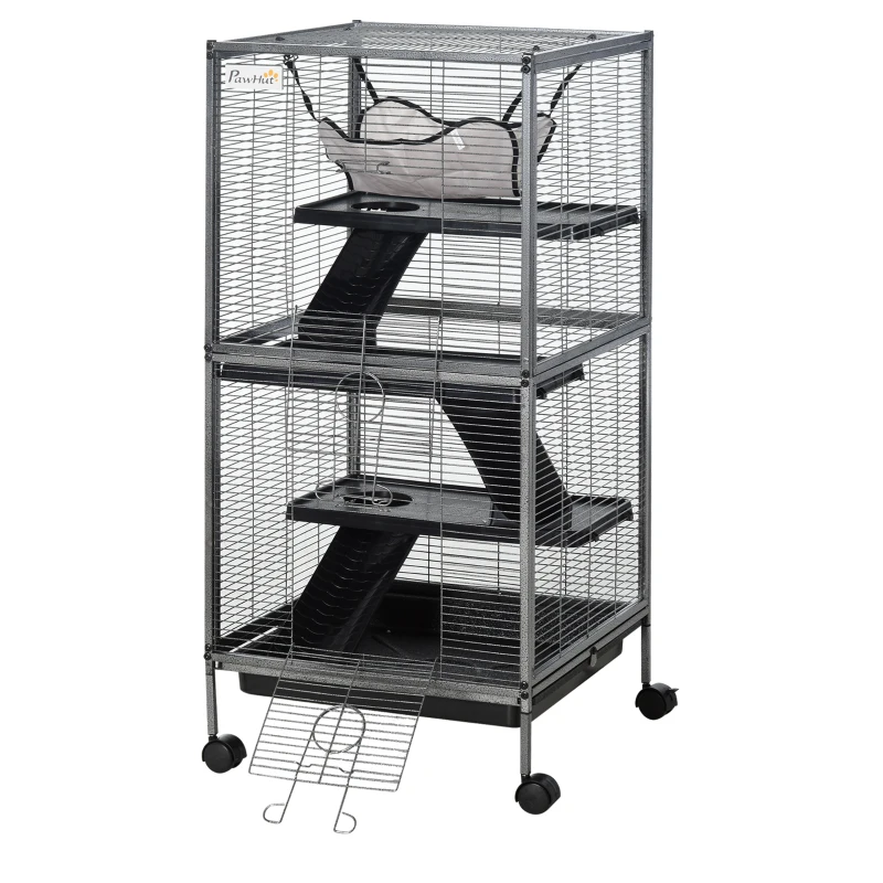 PawHut Metal Small Animal Cage Rolling Big Ferret Cage, Chinchilla Cage, Sugar Glider Cage, with Hammock & 4 Tiers, Removable Tray, Gray
