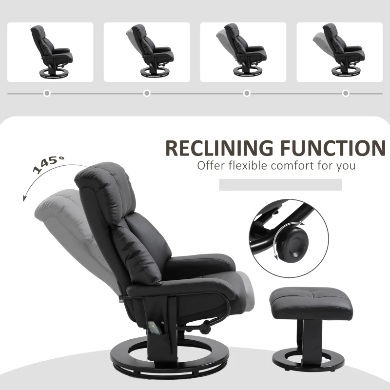 HOMCOM Massage Recliner Chair with Ottoman, 360° Swivel Recliner and Footstool, 10 Point Vibration, PU Leather Reclining Chair with Side Pocket and Remote Control, Black