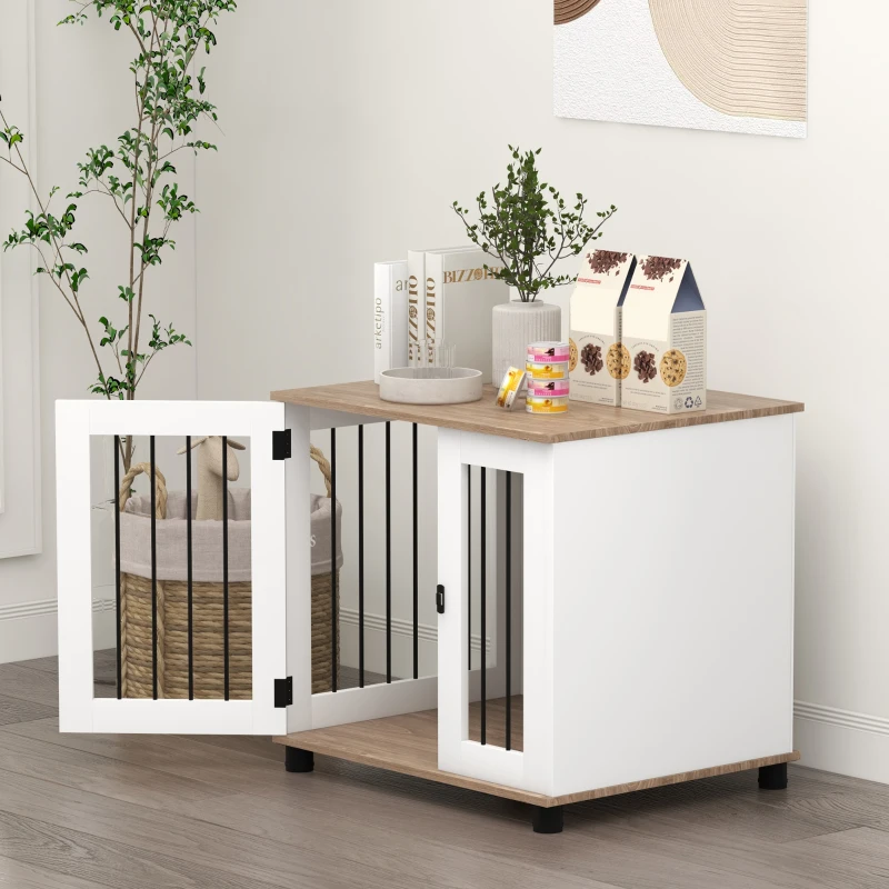 PawHut Dog Kennel Furniture Side End Table Indoor with Lockable Door, for Small and Medium Dogs, Walnut Brown