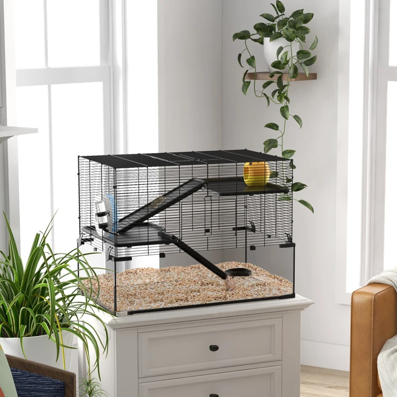 PawHut 31" Hamster Cage, Gerbil Cage with Glass Basin for Small Hamsters, Black