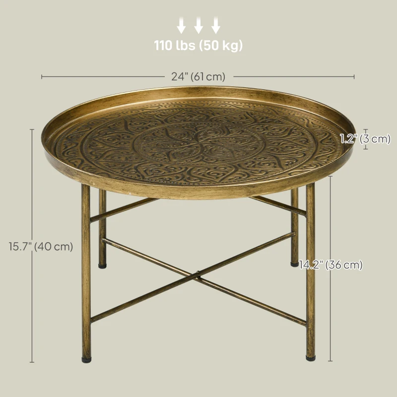HOMCOM Vintage Coffee Table for Living Room, 24" Round Center Table with Hammered Tray Top and Metal Frame, Gold