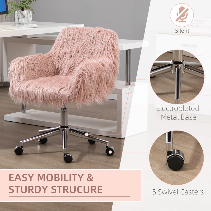 Vinsetto Faux Fur Desk Chair, Swivel Vanity Chair with Adjustable Height and Wheels for Office, Bedroom, Pink
