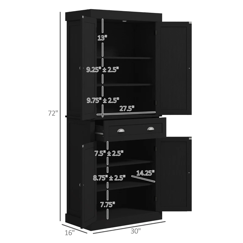 HOMCOM 72.5" Kitchen Cabinet, Pantry Storage Cabinet with Doors and Shelves, Freestanding Food Pantry Cabinet, Black Wood Grain