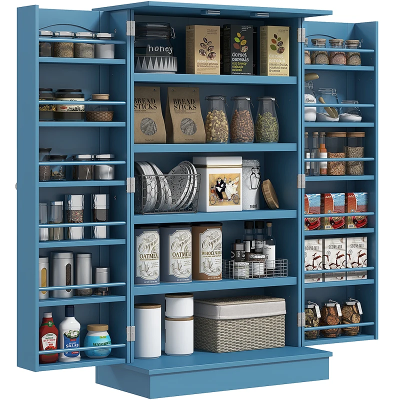 HOMCOM Freestanding Kitchen Pantry Cabinet, Kitchen Cabinet with 12 Door Shelves, Double Doors, 5-tier Shelving, Blue