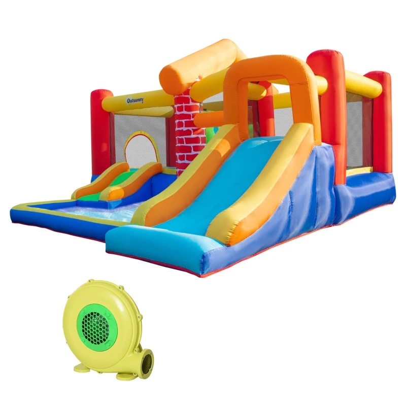 Outsunny 12.5 x 12FT Large Kids Bounce House, Castle-Themed with 2 Slides, Trampoline, Inflatable Pool, Climbing Wall, Carry Bag, 450W Air Blower