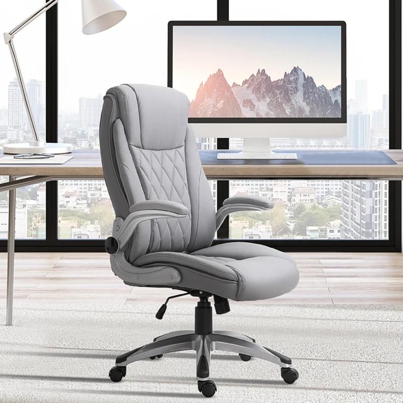 Vinsetto High Back 360° Swivel Ergonomic Home Office Chair with Flip Up Arms, Faux Leather Computer Desk Rocking Chair, Gray