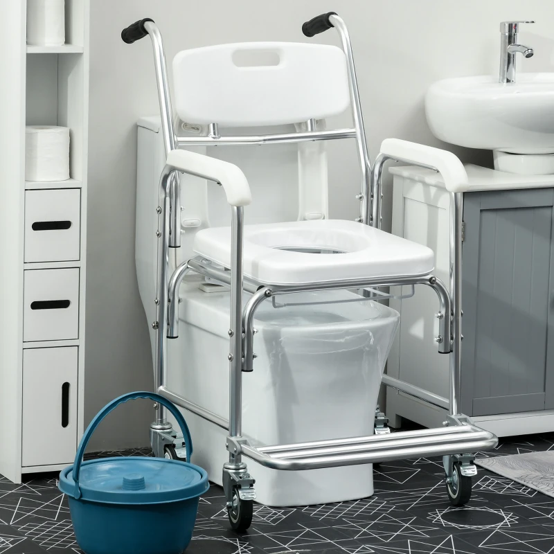 HOMCOM 3-in-1 Shower Commode Wheelchair, FSA/HSA Eligible Transport Beside Commode Chair, Waterproof Rolling Over Toilet Chair 330 lbs. Weight Capacity with Padded Seat, White