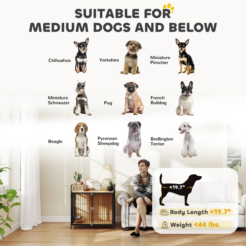PawHut 30 Inch Dog Crate Furniture, Indoor Pet Kennel Side Table with Rotatable Bowls, 2 Anti-Escape Doors, for M Dogs, Oak