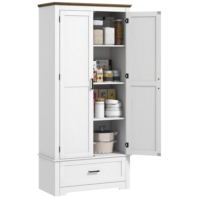 HOMCOM 69" Tall Farmhouse Kitchen Pantry Cabinet with 2 Doors, Drawer and Adjustable Shelves for Dining Room, White