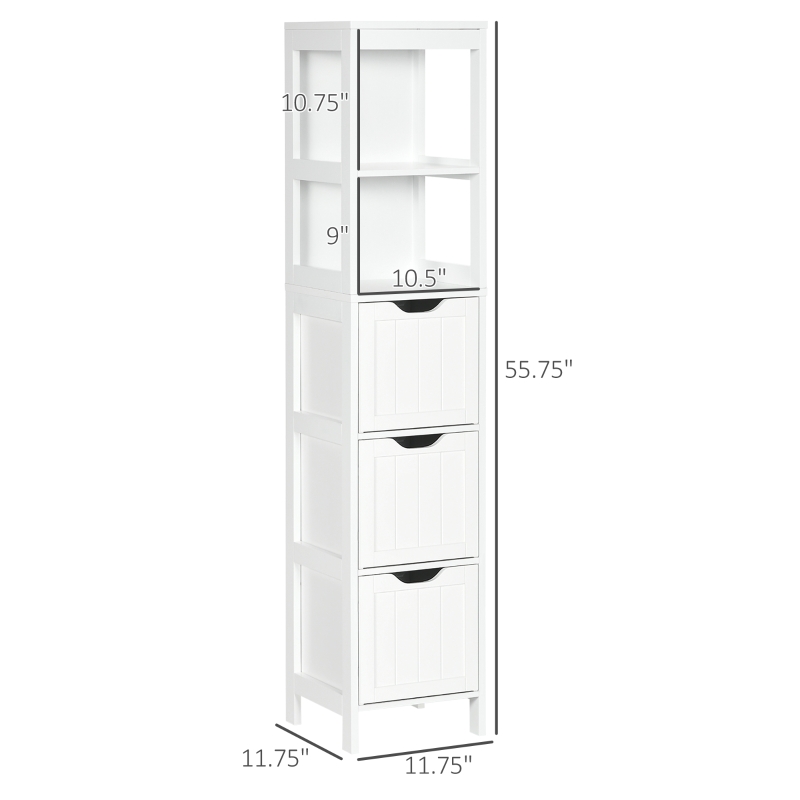 kleankin Tall Bathroom Cabinet, Slim Bathroom Storage Cabinet, Narrow Floor Cabinet with 3 Drawers and 2 Open Shelves, Freestanding Linen Tower for Small Space, 12" x 12" x 56", White